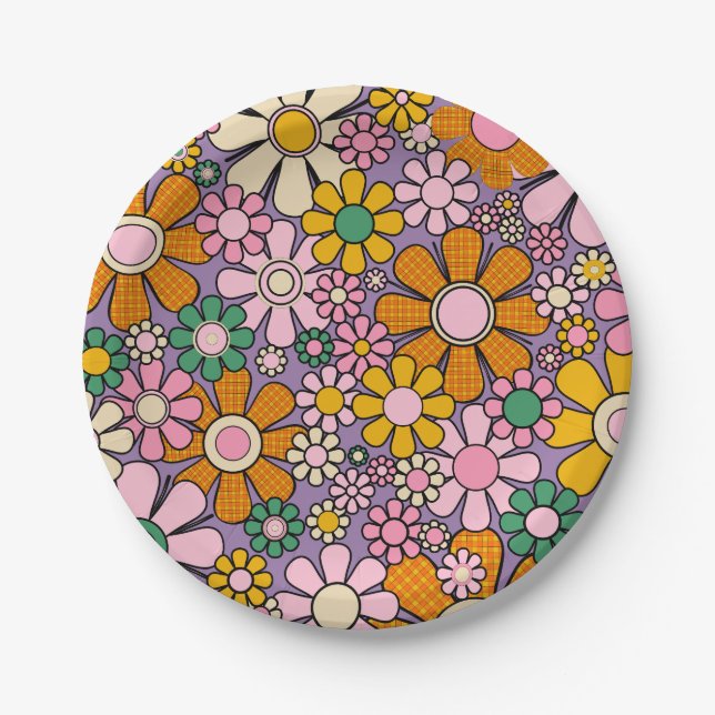 Groovy Maximalist Retro Garden Gingham Flowers Paper Plates (Front)