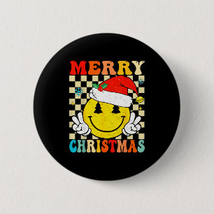 Groovy Merry Christmas Smile Face Santa Hat Xmas T Button
