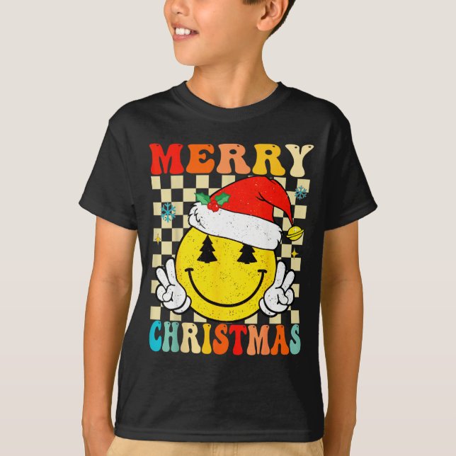 Groovy Merry Christmas Smile Face Santa Hat Xmas T T-Shirt (Front)