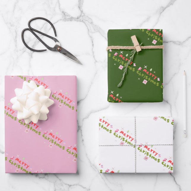 Groovy Merry Christmas Tree Bubble Letters      Wrapping Paper Sheets (Front)