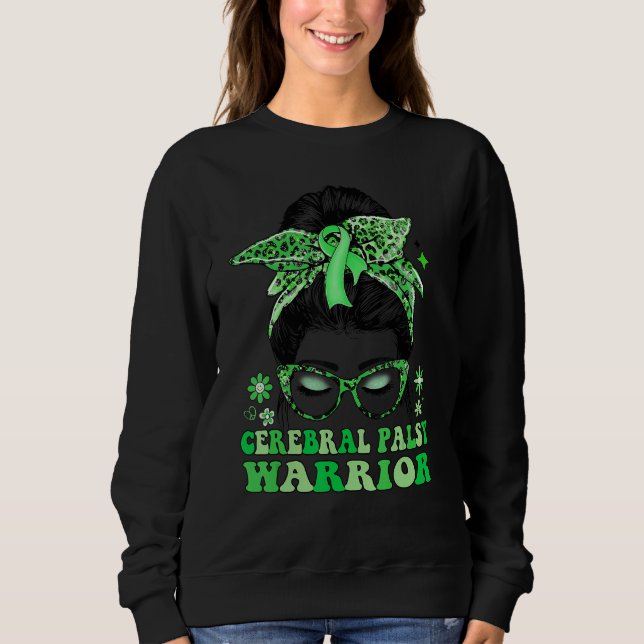 Groovy Messy Bun Leopard Green Ribbon Cerebral Pal Sweatshirt (Front)