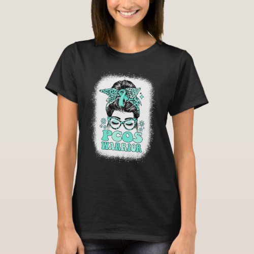 Groovy Messy Bun Women Teal Ribbon PCOS Warrior T_Shirt