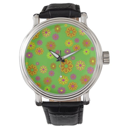 Groovy Mod Pop Flowers lime yellow and orange Watch