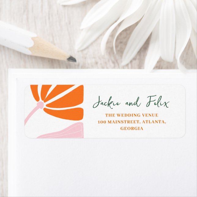 Groovy modern daisy floral pink & orange wedding label (Insitu)