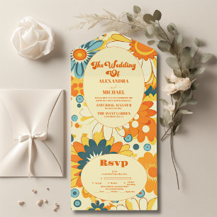 Groovy modern daisy floral yellow & orange wedding all in one invitation