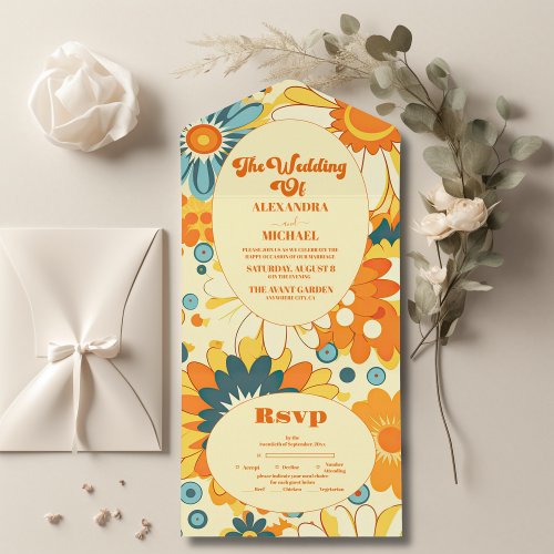 Groovy modern daisy floral yellow  orange wedding all in one invitation