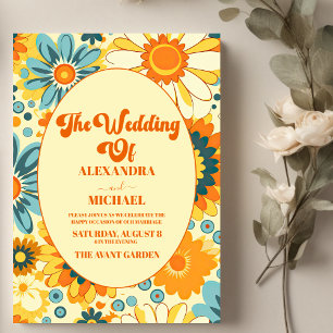 Groovy modern daisy floral yellow & orange wedding invitation
