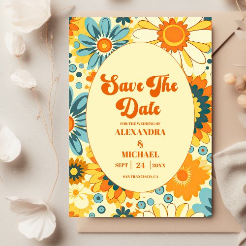 Groovy modern daisy floral yellow  orange wedding save the date