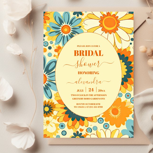 Groovy modern daisy floral yellow & pink Bridal Invitation (Creator Uploaded)