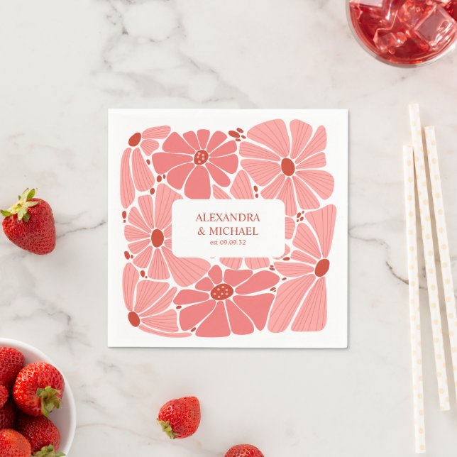 Groovy modern pink daisy wedding napkins (Insitu)
