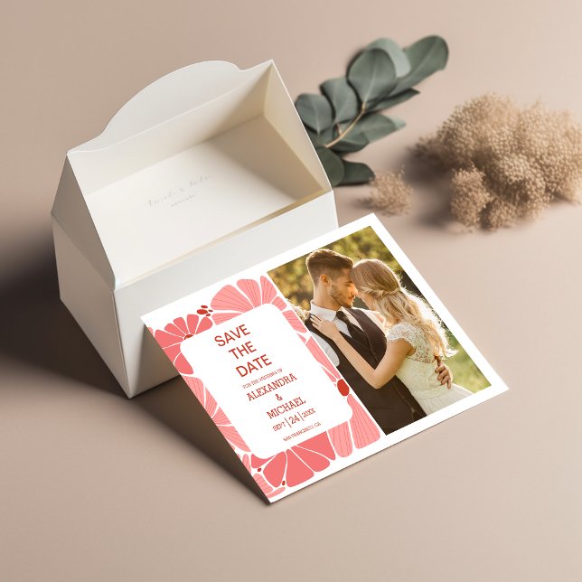 Groovy modern pink daisy wedding photo save the date (Creator Uploaded)