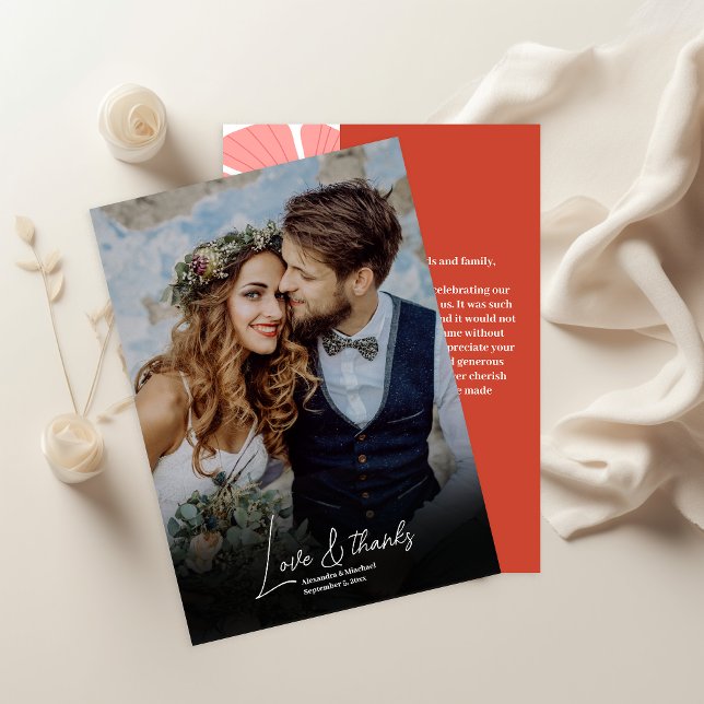 Groovy modern pink daisy wedding photo thank you card (Creator Uploaded)