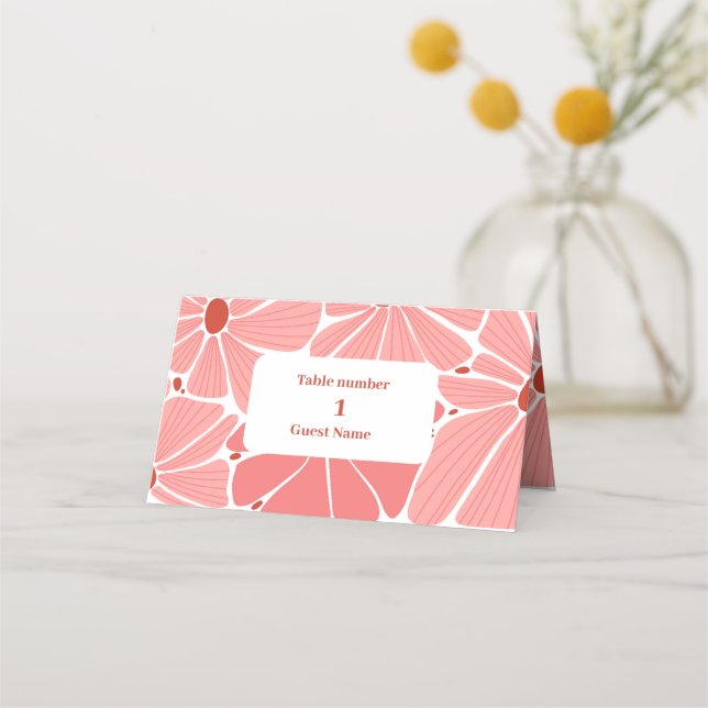 Groovy modern pink daisy wedding place card (Front)