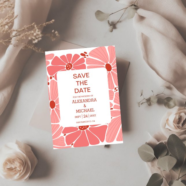 Groovy modern pink daisy wedding save the date (Creator Uploaded)