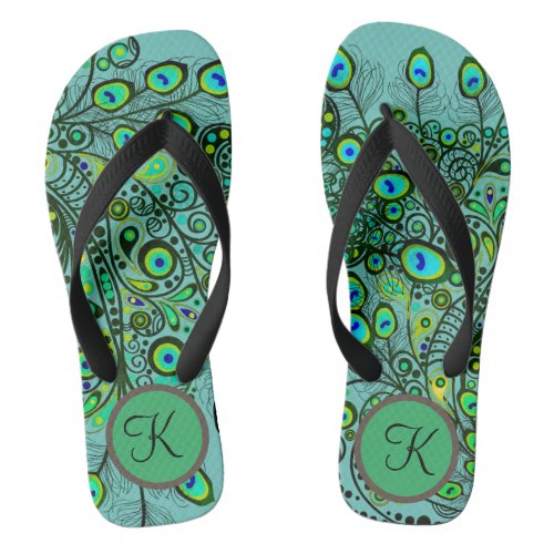 Groovy Monogram Neon Green Peacock Feathers Flip F Flip Flops