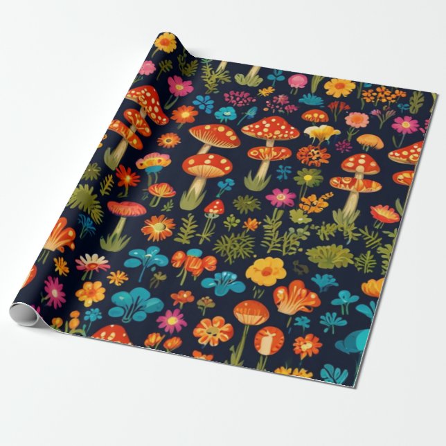 Groovy Mushroom & Flower Pattern Wrapping Paper (Unrolled)