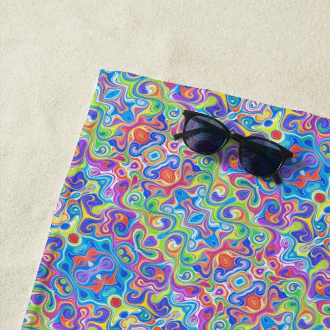 Groovy Neon Blue, Lime, Purple & Orange Swirl  Beach Towel (In Situ)