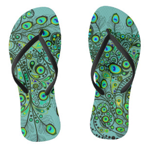 Groovy neon green peacock feather flip flops