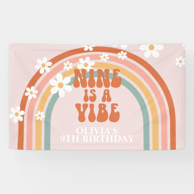 Groovy Nine is a Vibe Rainbow Daisy 9th Birthday Banner (Horizontal)