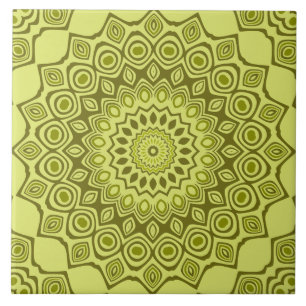 Groovy Olive Green Mandala Pattern Ceramic Tile