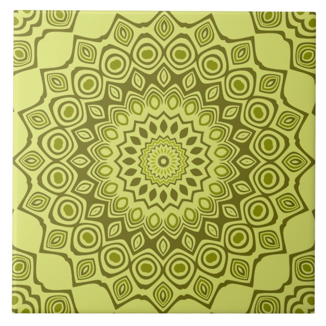 Groovy Olive Green Mandala Pattern Ceramic Tile (Front)