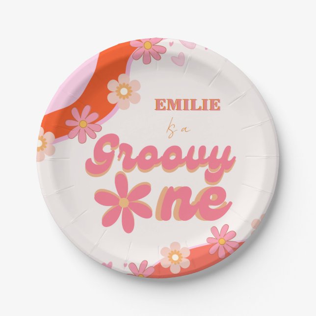 Groovy One 1st Birthday Party Boho Retro Daisy Paper Plates (Front)