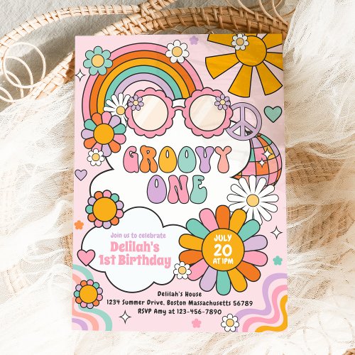 Groovy One 70s Flower Power Rainbow Birthday Party Invitation