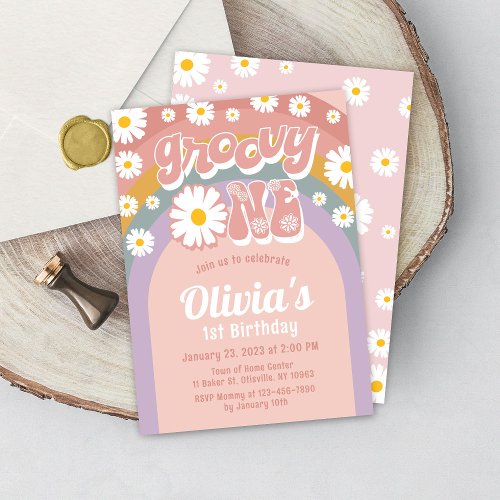 Groovy One Birthday Invitation Retro Rainbow Daisy