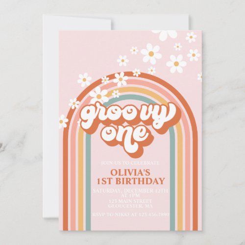Groovy One boho daisy rainbow first birthday Invit Invitation