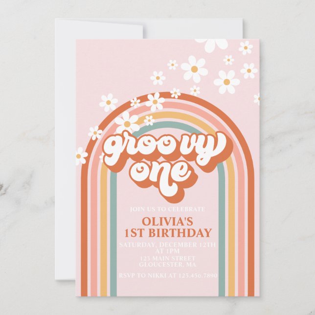 Groovy One boho daisy rainbow first birthday Invit Invitation (Front)