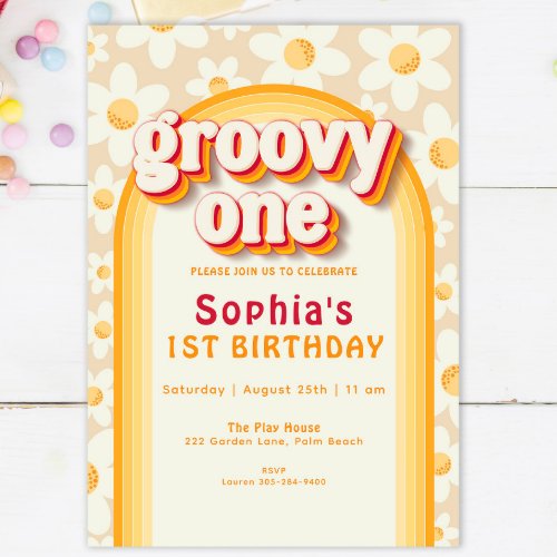 Groovy One Boho Daisy Rainbow First Birthday Invit Invitation