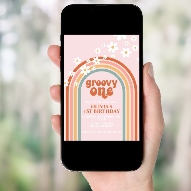 Groovy One boho daisy rainbow first birthday Invitation (Front Digital)