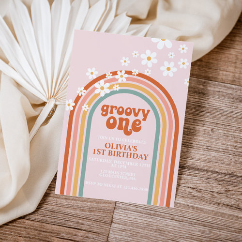 Groovy One boho daisy rainbow first birthday Invitation