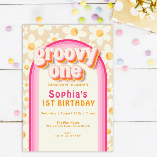 Groovy One Boho Daisy Rainbow First Birthday Invitation