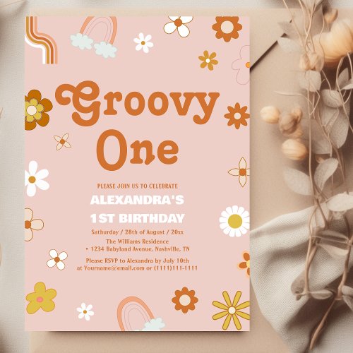 Groovy One boho daisy rainbow first birthday  Invitation