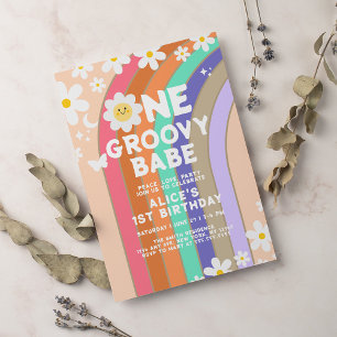 Groovy One boho daisy rainbow first birthday Invitation
