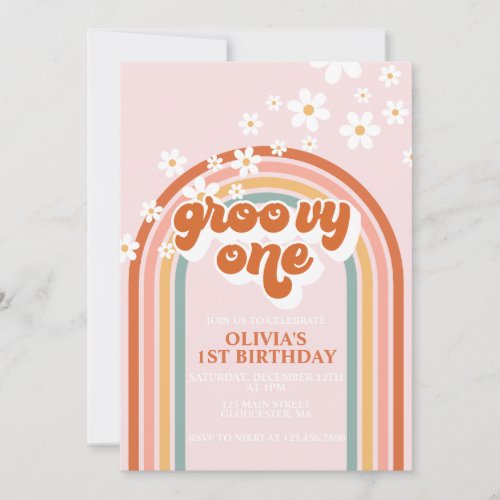 Groovy One boho daisy rainbow first birthday Invitation
