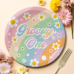 Groovy One Boho Daisy Rainbow  Paper Plates