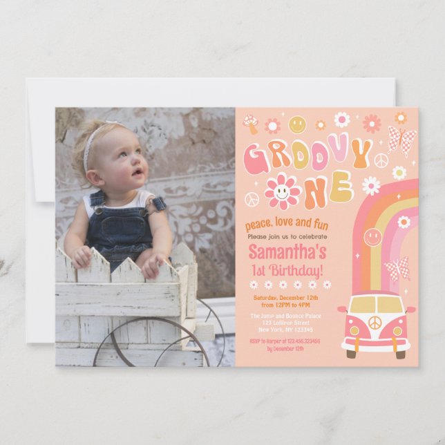 Groovy One Boho Retro 1st Birthday Invitations (Front)