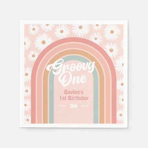 Groovy One Boho Retro Daisy 1st Birthday Party Napkins