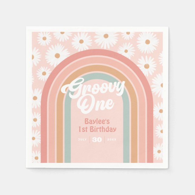 Groovy One Boho Retro Daisy 1st Birthday Party Napkins (Front)