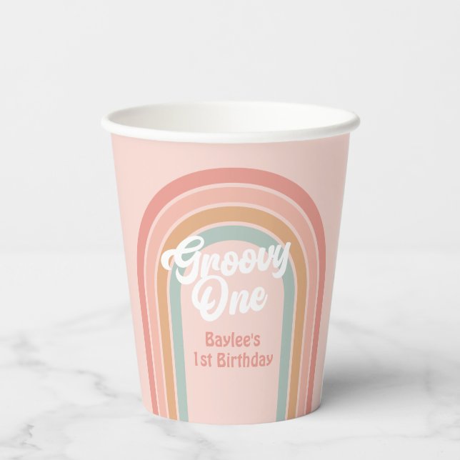 Groovy One Boho Retro Daisy 1st Birthday Party Paper Cups (Back)