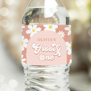 Groovy One Boho Retro Daisy 1st Birthday Party Water Bottle Label