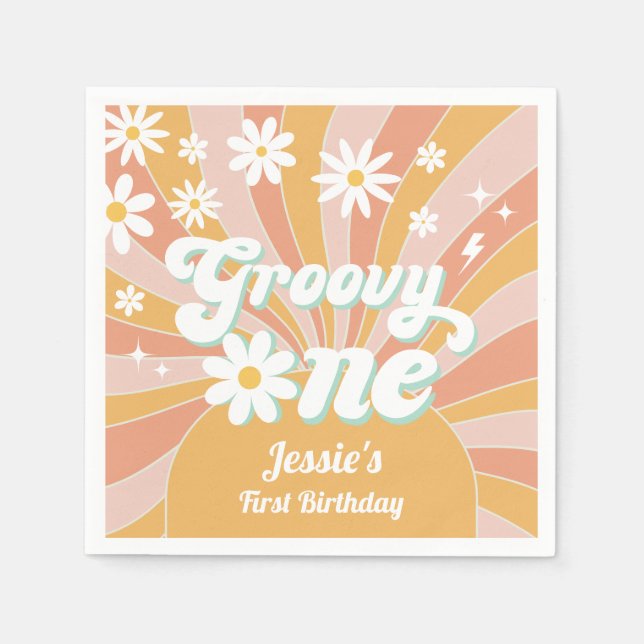Groovy One Boho Retro Daisy Sunshine 1st Birthday Napkins (Front)