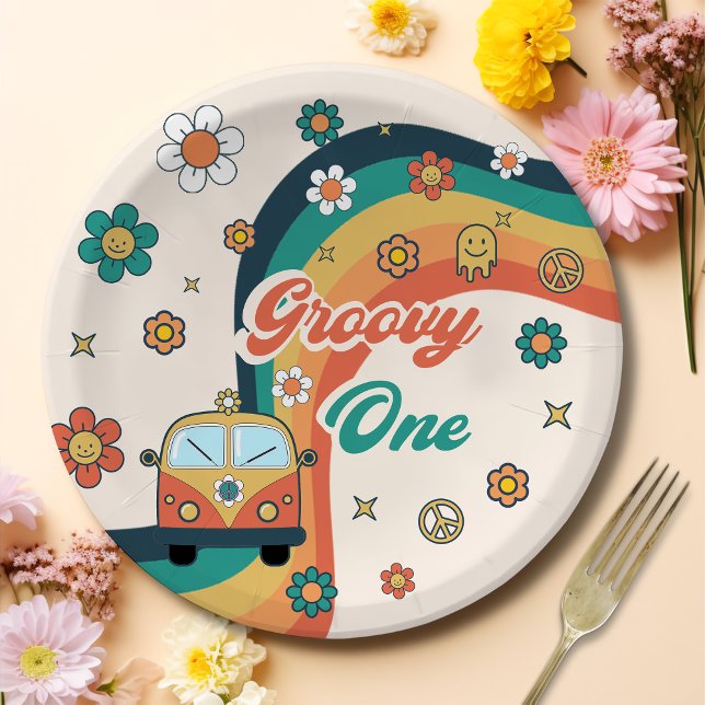 Groovy One Boho Retro Rainbow Birthday Party  Paper Plates (Creator Uploaded)