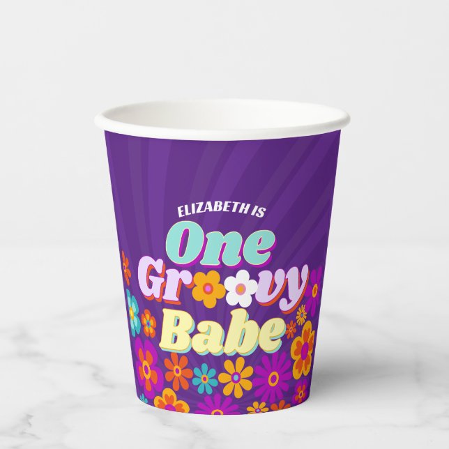 Groovy One Colorful Retro Floral Birthday	 Paper Cups (Front)