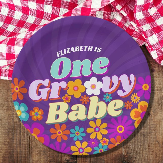 Groovy One Colorful Retro Floral Birthday Paper Plates (Creator Uploaded)