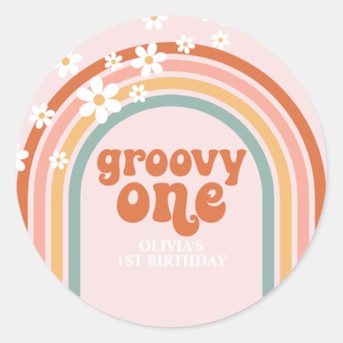 Groovy One daisy boho floral rainbow 1st birthday Classic Round Sticker