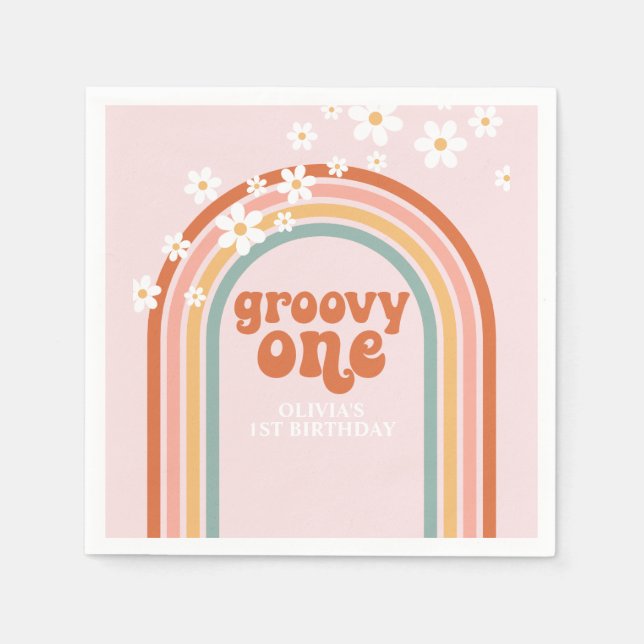 Groovy One daisy boho floral rainbow 1st birthday Napkins (Front)