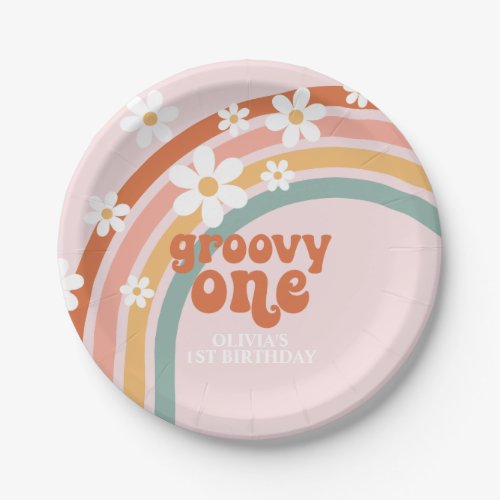 Groovy One daisy boho floral rainbow 1st birthday  Paper Plates